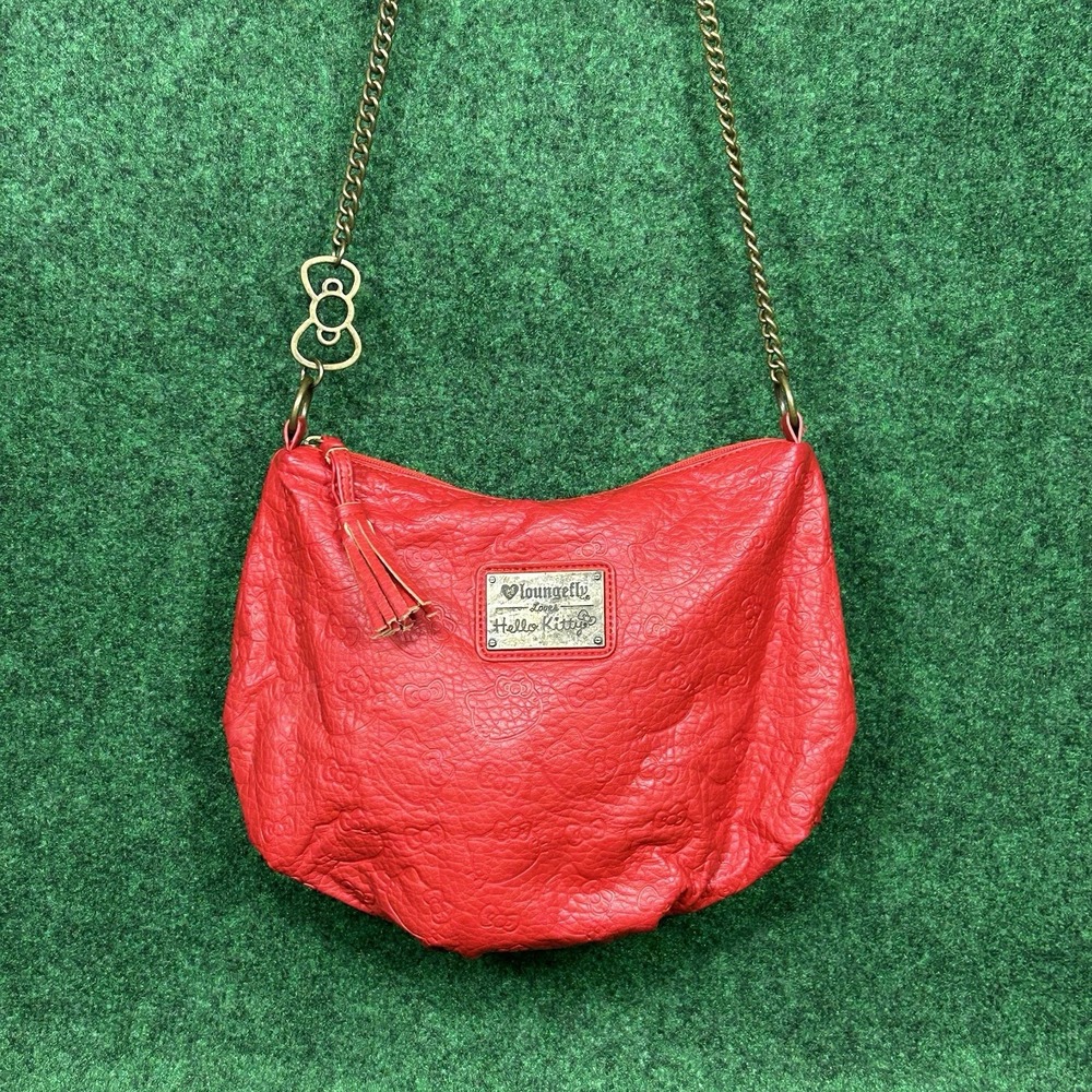 Loungefly Hello Kitty Purse Red Chain Bow Strap Tassel Bag Travel All Over Print